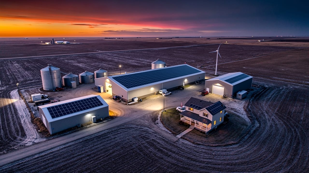 Aerial view of Canadian farm with solar and wind power at dusk