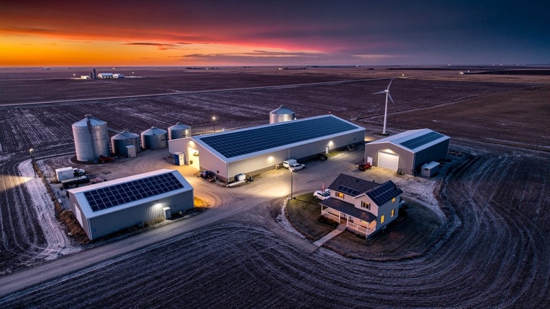 Aerial view of Canadian farm with solar and wind power at dusk
