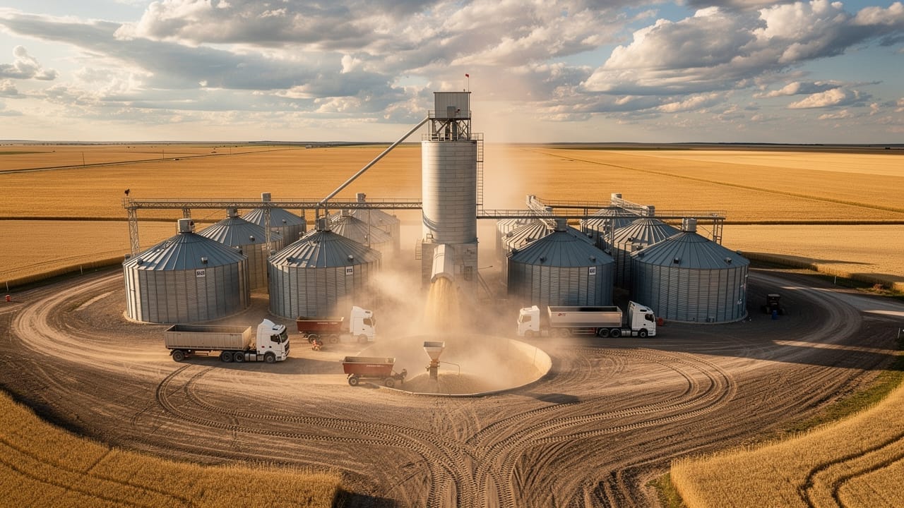 Aerial view of complete grain handling operation during Alberta harvest