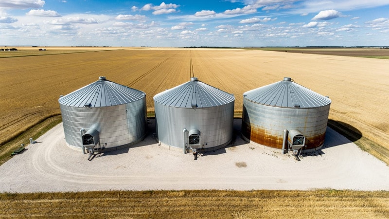 Aerial view of grain bins on Alberta prairie farm
