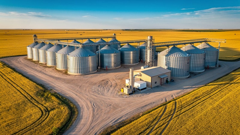Aerial view of automated grain handling facility on Alberta farm