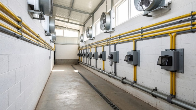 Weatherproof conduit and electrical boxes installed inside livestock barn