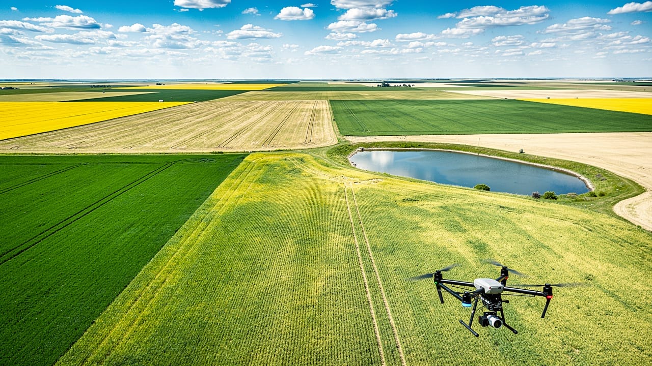 Agricultural drone mapping crop stress patterns over prairie fields