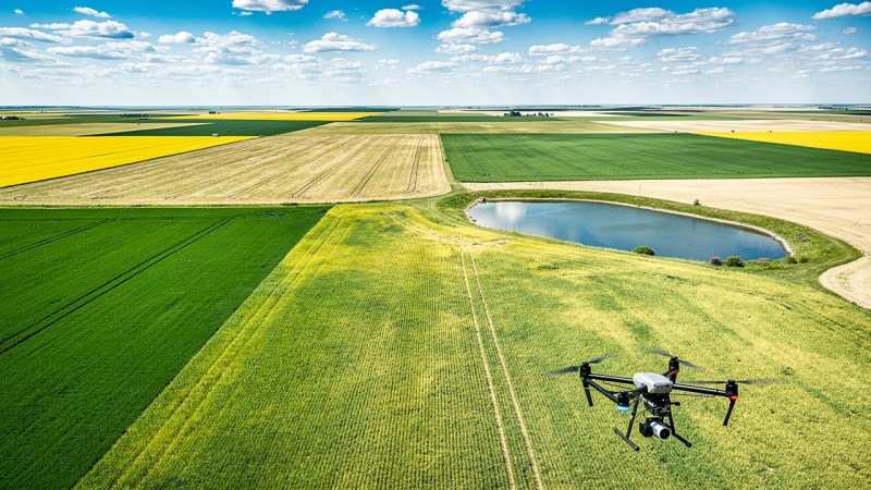 Agricultural drone mapping crop stress patterns over prairie fields