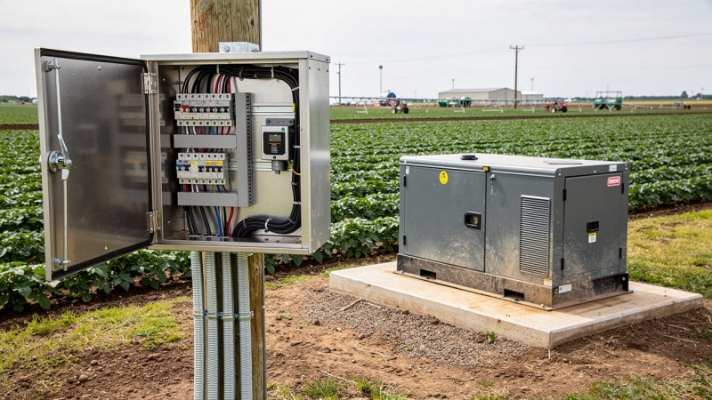 Farm electrical panel and standby generator at field edge
