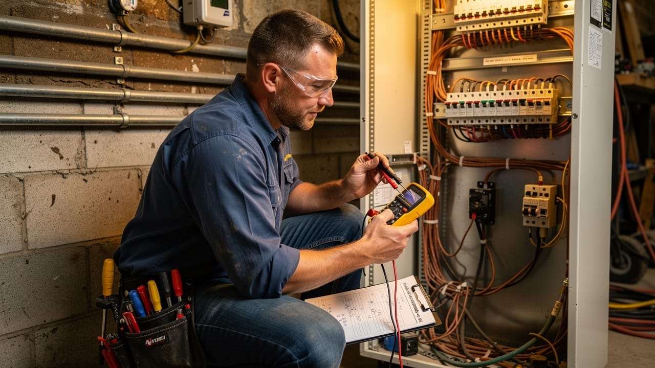 Agricultural electrician conducting farm electrical load assessment
