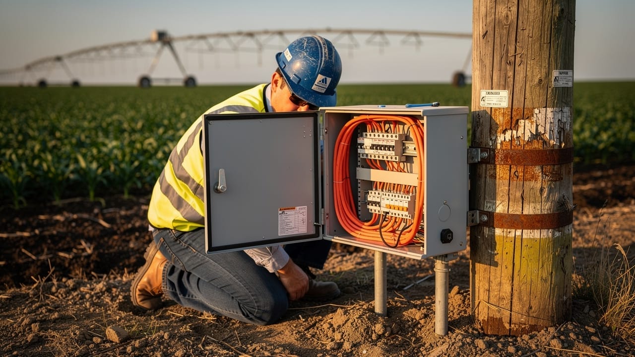 Electrician installing agricultural control panel near irrigation pivot