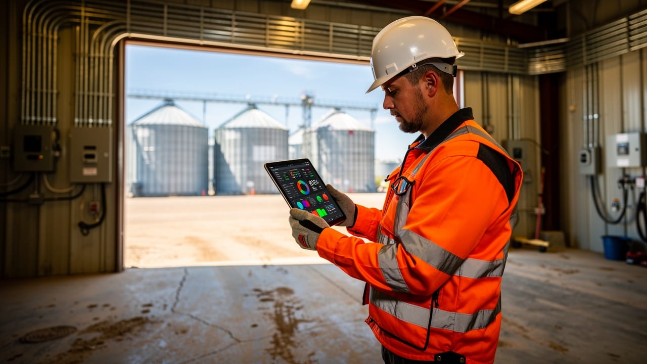 Agricultural electrician reviewing live power monitoring data on farm
