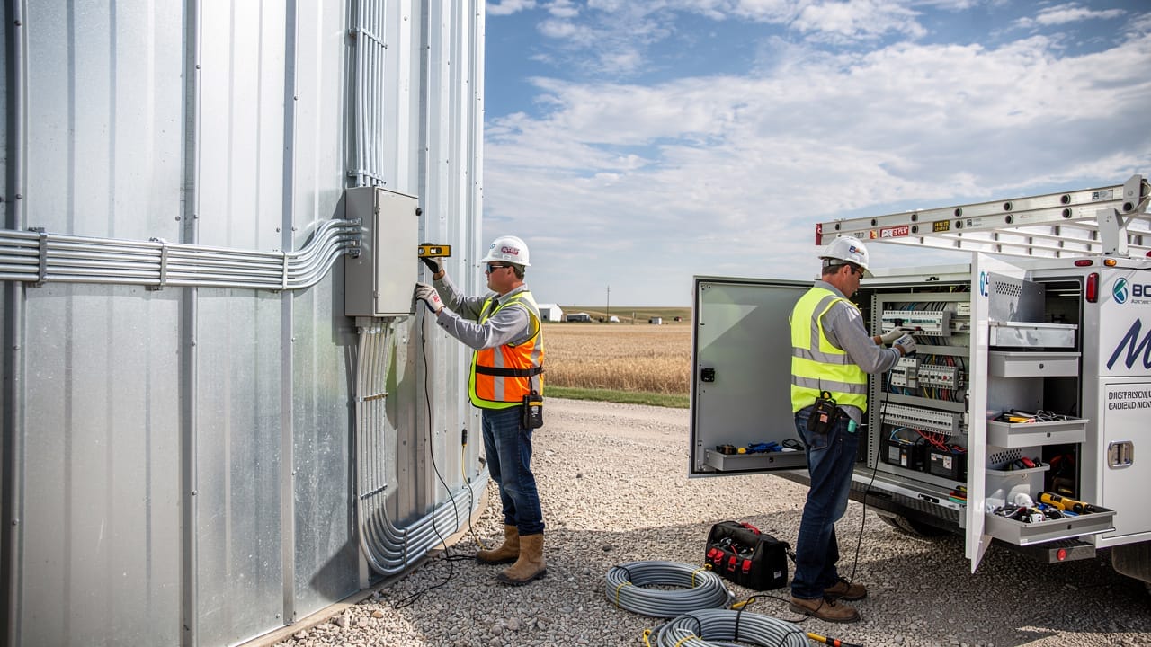 Electricians installing wiring at a grain bin facility