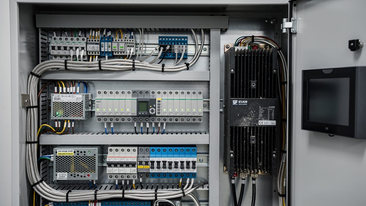 Industrial PLC and variable frequency drive inside grain facility panel