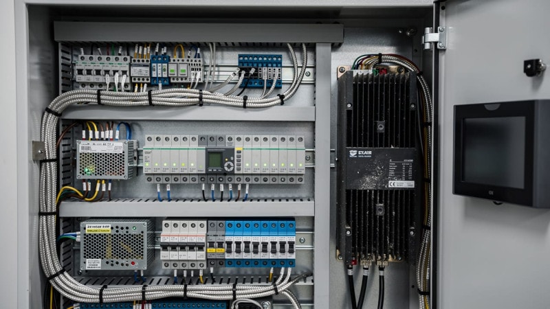 Industrial PLC and variable frequency drive inside grain facility panel