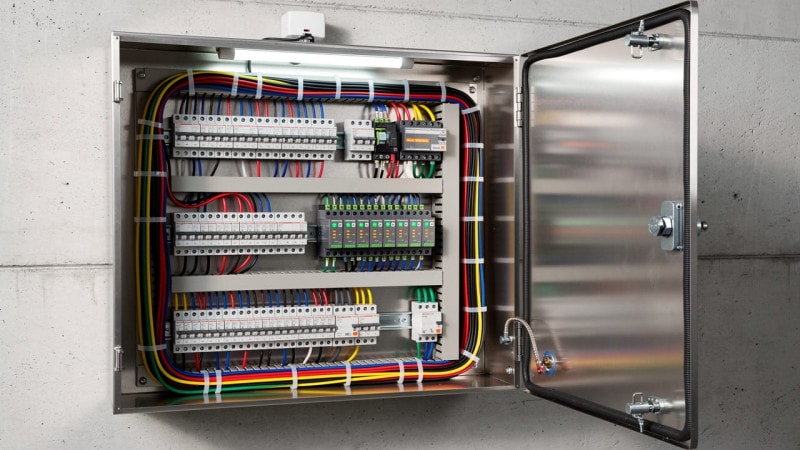 Open PLC electrical panel inside agricultural facility