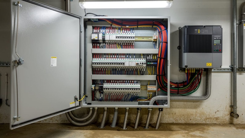 PLC control panel and VFD inside grain farm electrical room