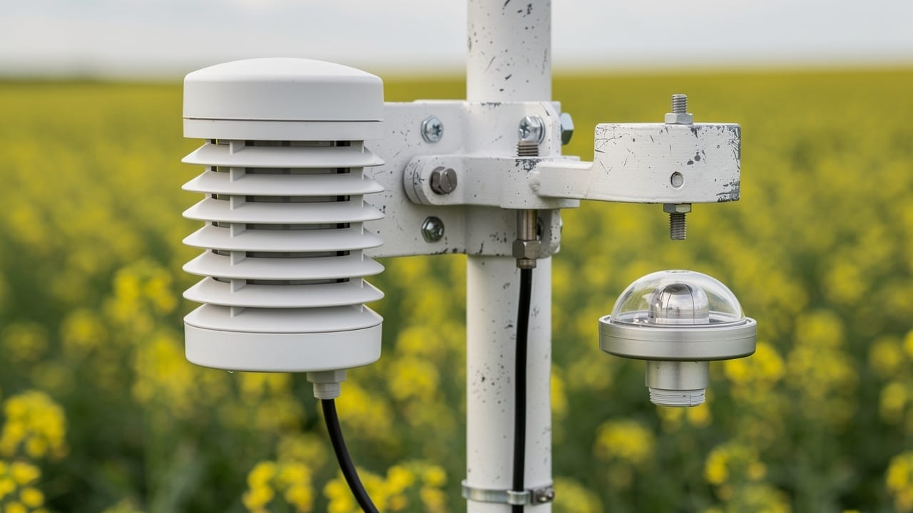 Close-up of agricultural weather sensors above a canola field