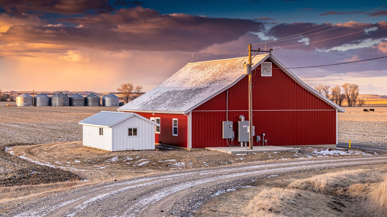Alberta dairy farm electrical service entrance at golden hour