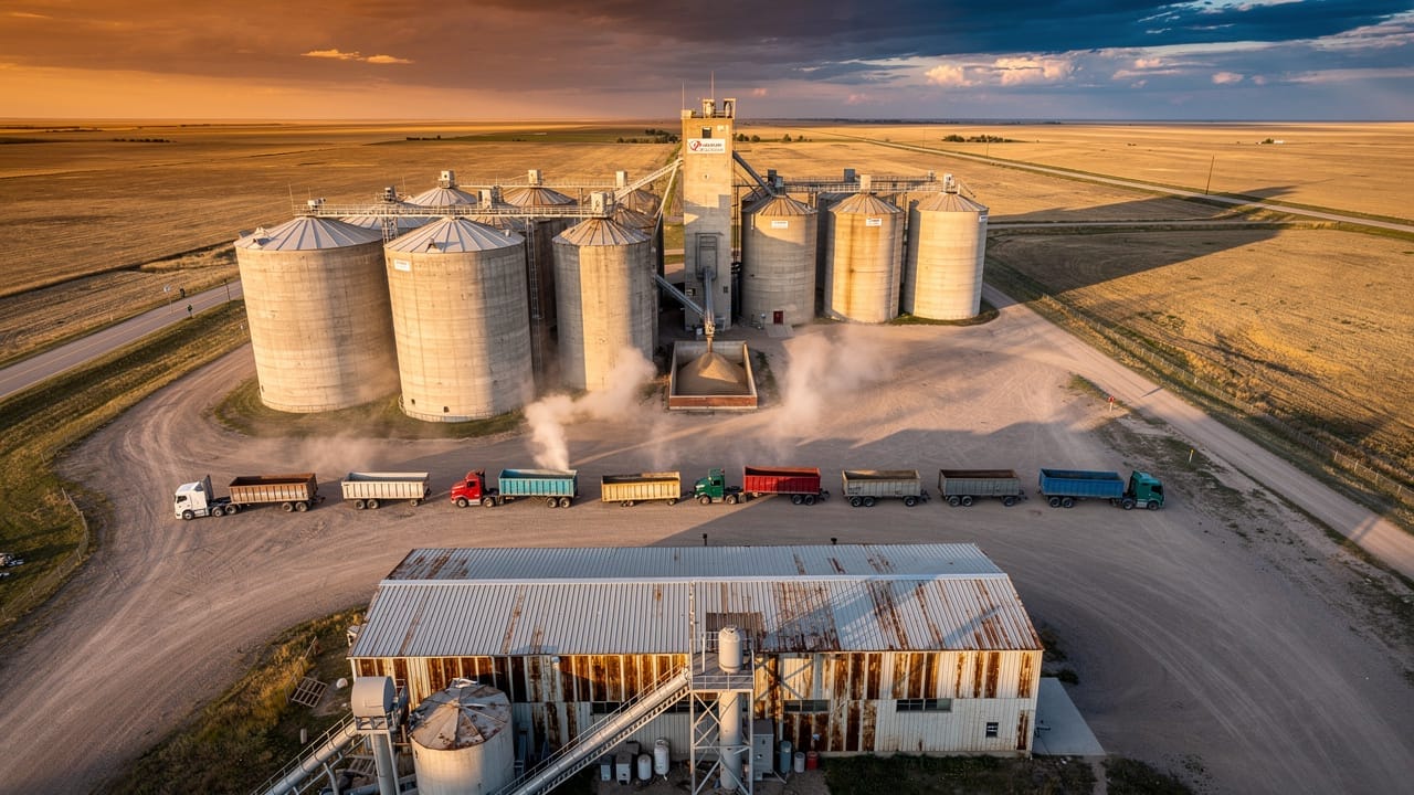 Alberta grain elevator complex with harvest trucks lined up