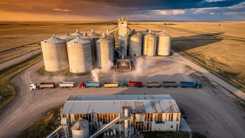 Alberta grain elevator complex with harvest trucks lined up