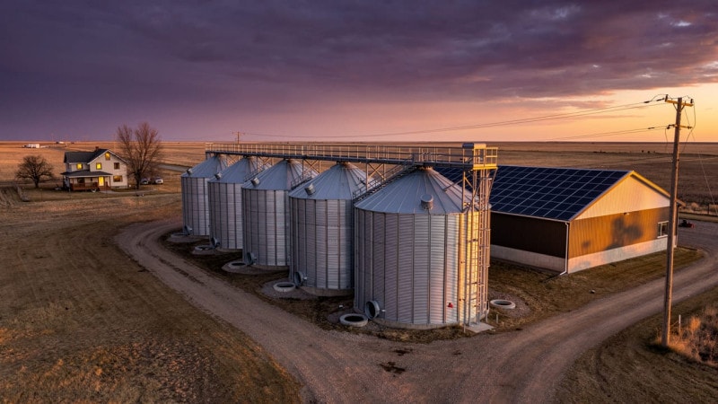Alberta grain farm with solar panels and modern electrical infrastructure at dusk