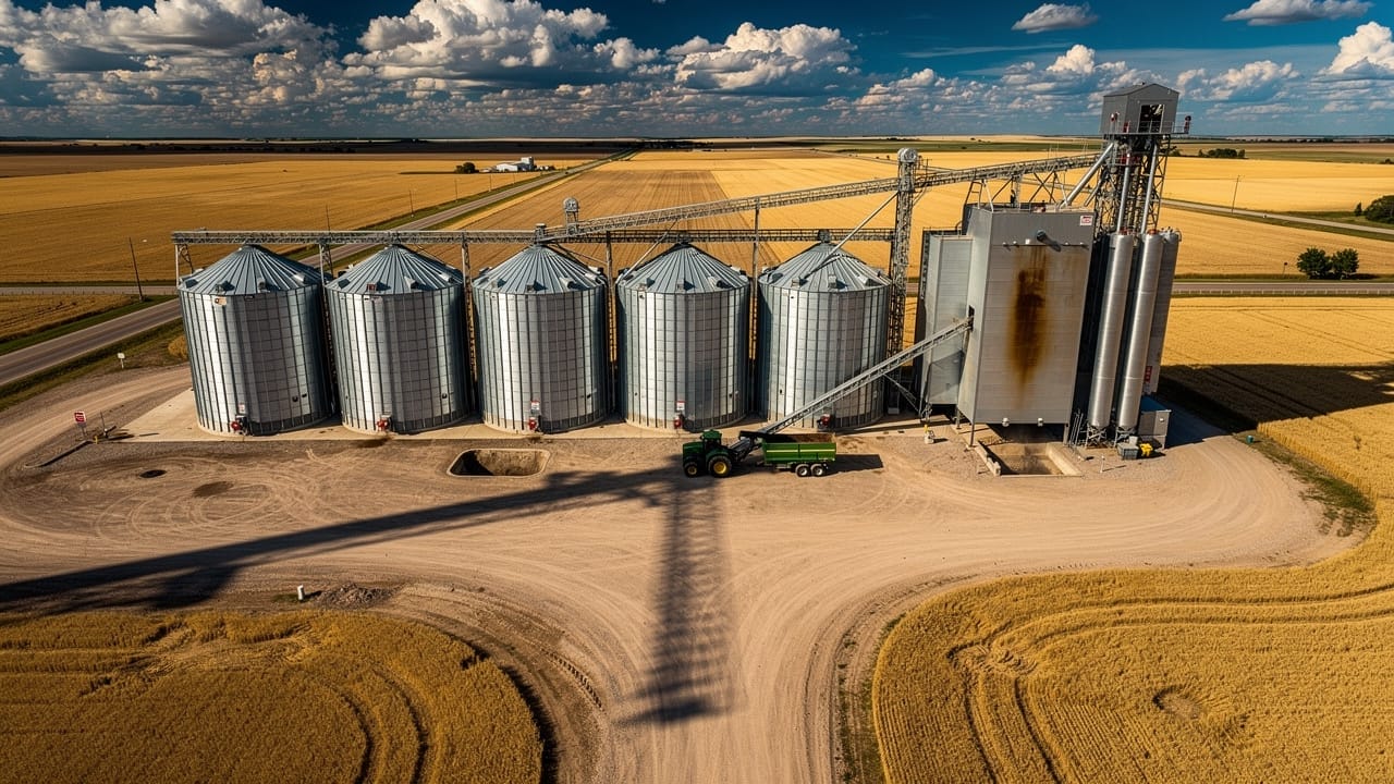 Aerial view of Alberta grain bins and storage facility during harvest