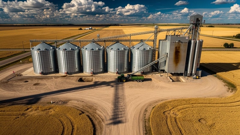 Aerial view of Alberta grain bins and storage facility during harvest
