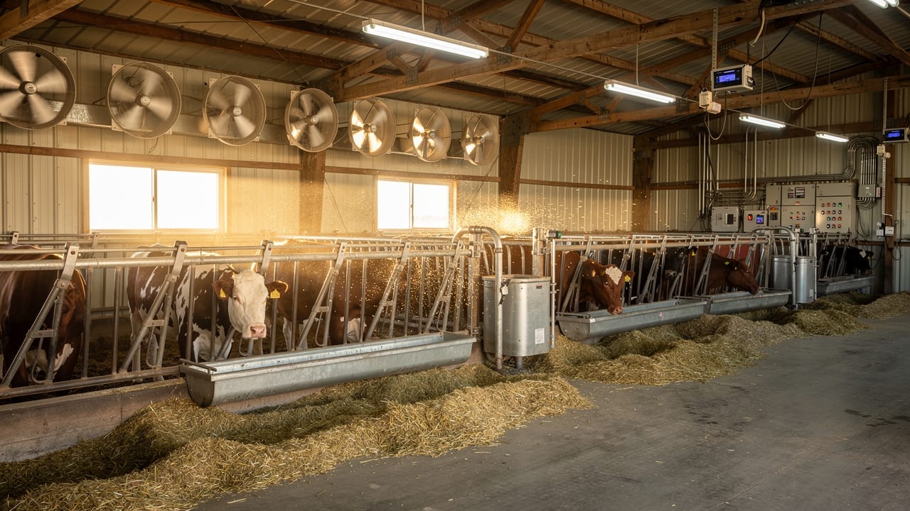 Cattle barn interior with automated feeding and ventilation systems