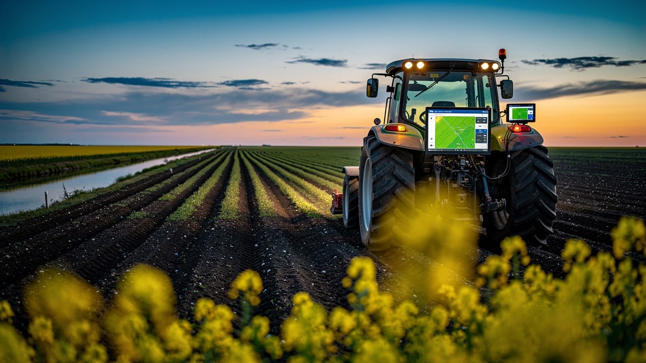 Autonomous GPS-guided tractor working Canadian canola field