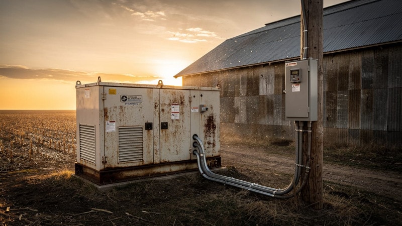 Standby generator and automatic transfer switch beside a Canadian grain barn