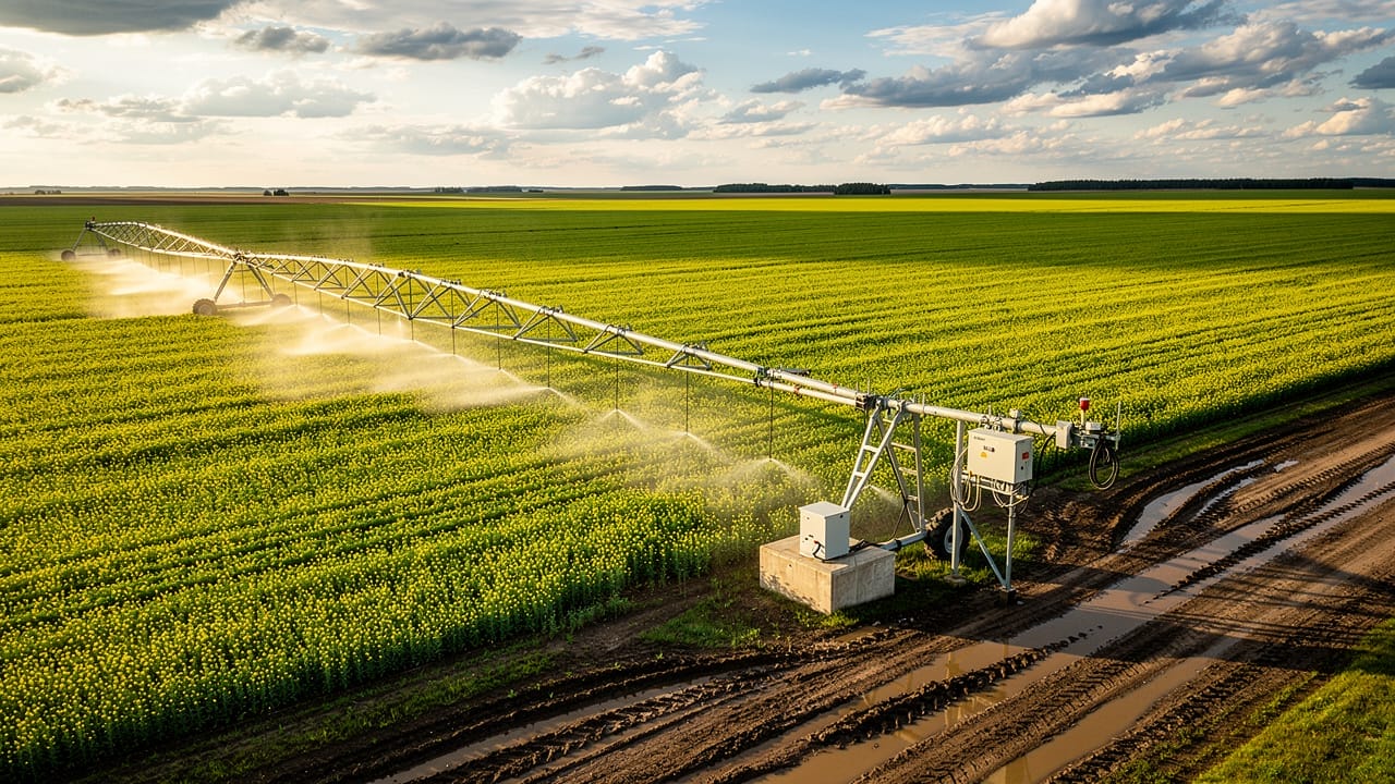 Automated centre-pivot irrigation system over a canola field
