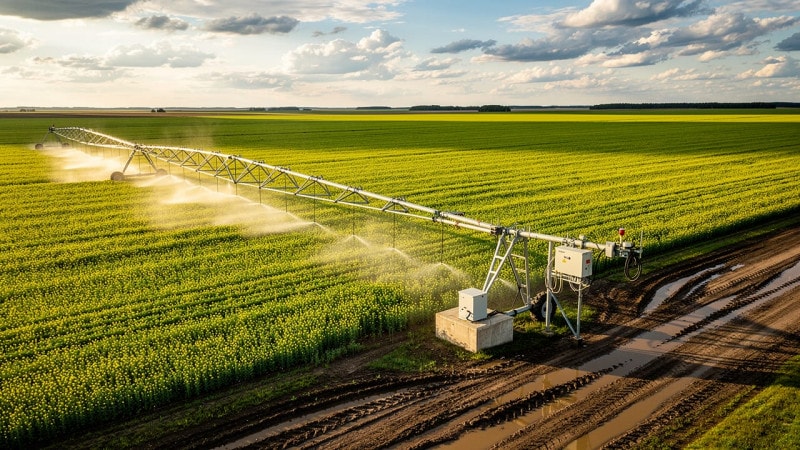 Automated centre-pivot irrigation system over a canola field