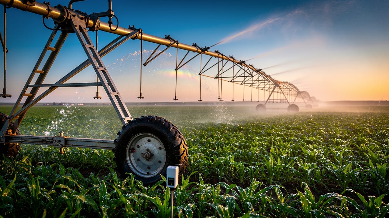 Centre pivot irrigation system with soil moisture sensor in crop field