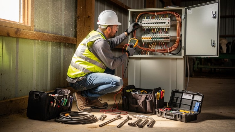 Certified electrician inspecting farm electrical panel in grain barn