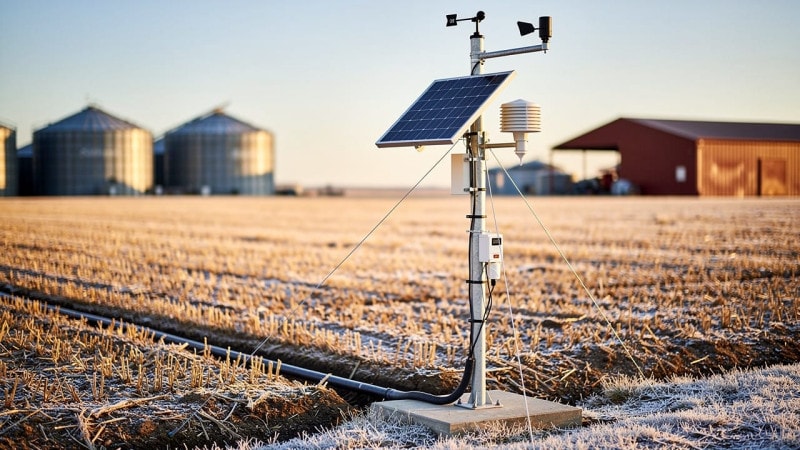 Complete professional weather station installation on Canadian grain farm