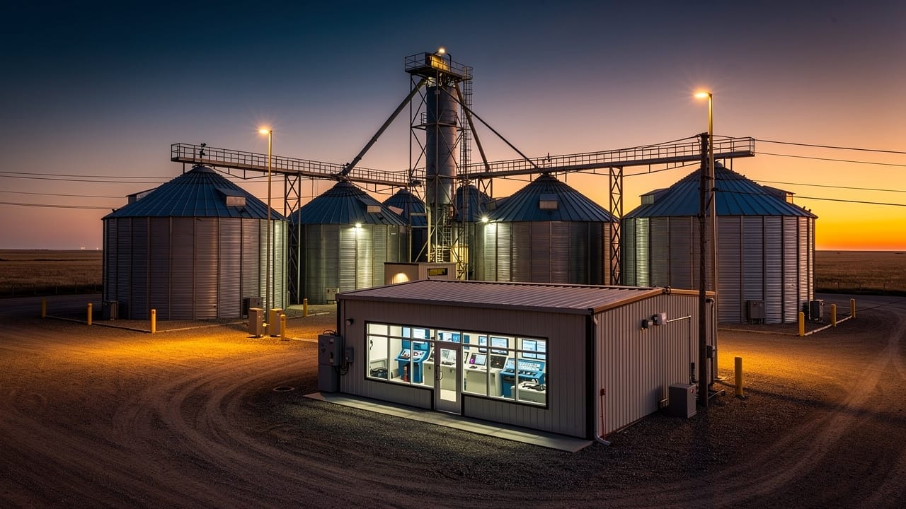 Completed grain handling yard with control building at dusk in Alberta