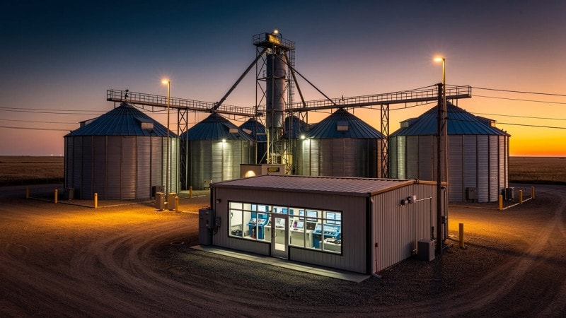Completed grain handling yard with control building at dusk in Alberta