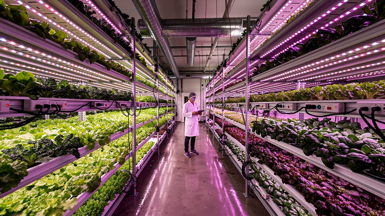 Vertical farm with LED grow lights and HVAC systems