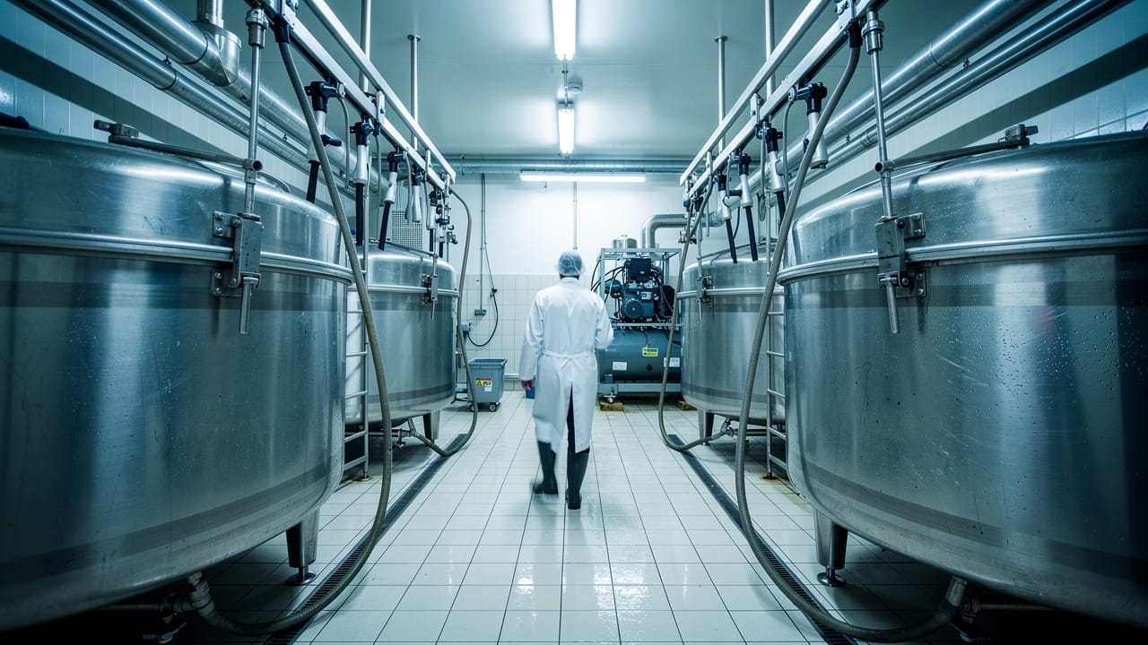 Stainless steel bulk milk cooling tanks in dairy parlour