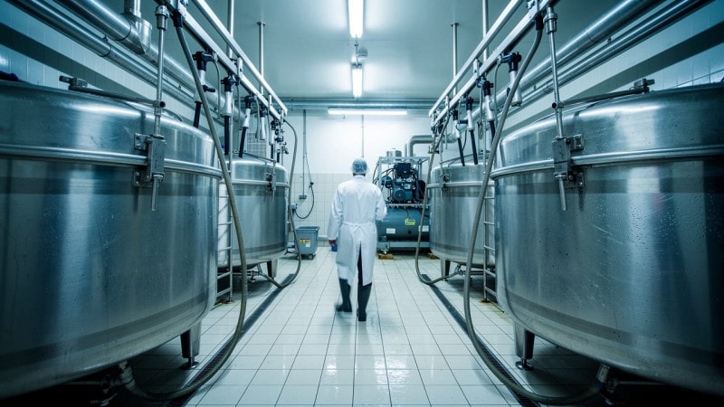 Stainless steel bulk milk cooling tanks in dairy parlour