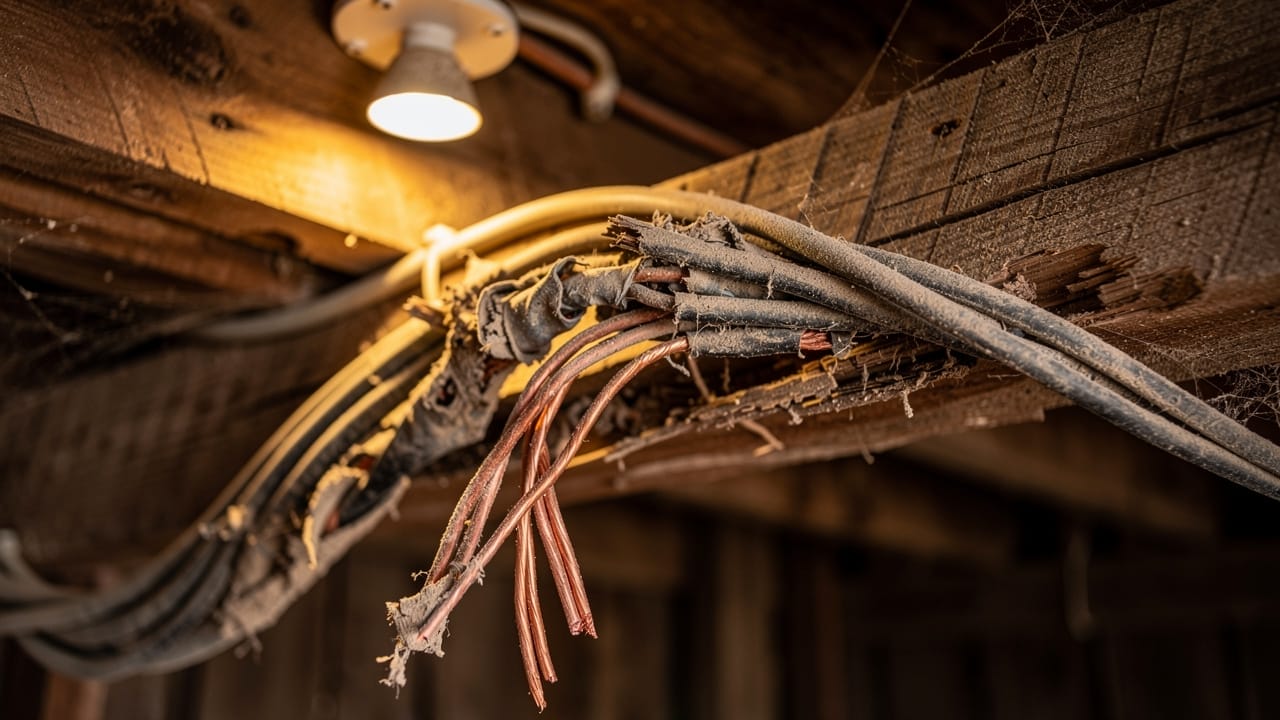 Rodent-chewed and frayed wiring inside a dusty barn