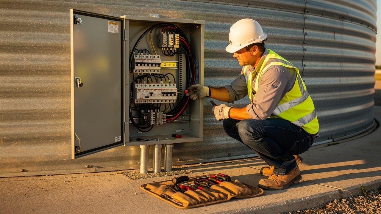 Electrician installing grain bin fan control electrical panel