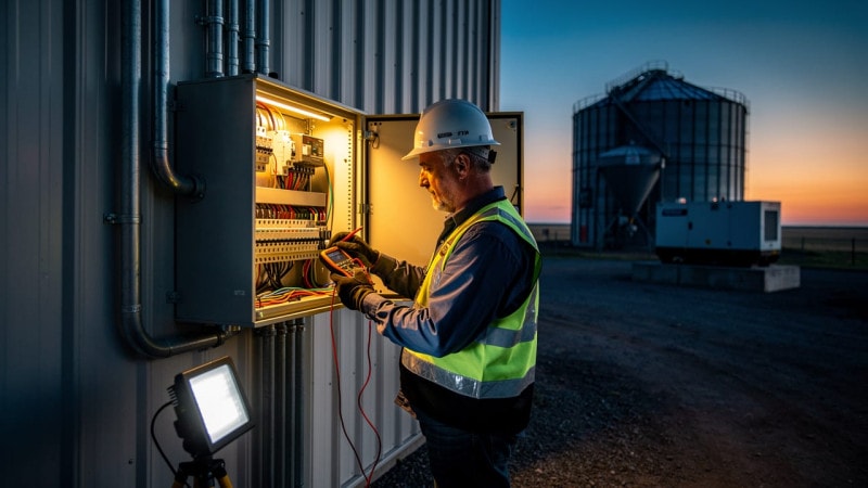 Electrician installing backup power panel beside Prairie grain bins