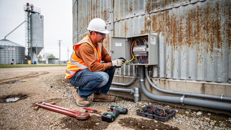 Electrician installing conduit and weatherproof fittings at a grain bin