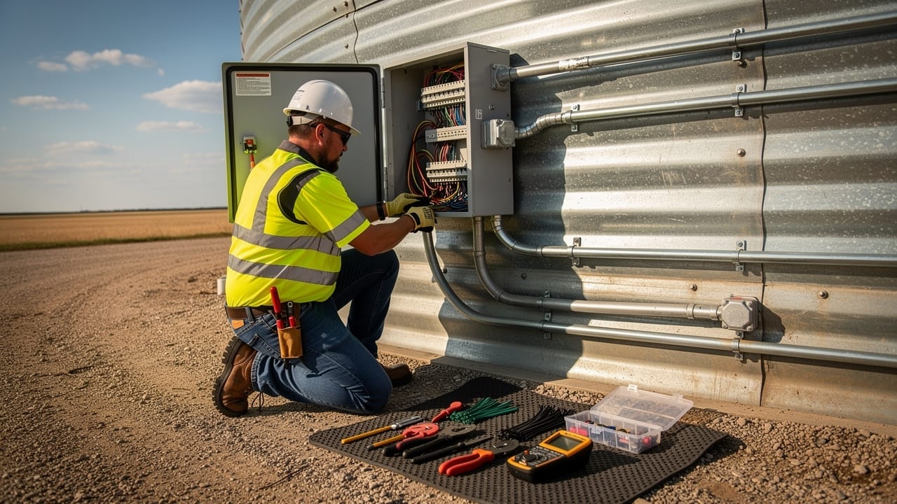 Electrician installing hazardous location wiring on grain bin