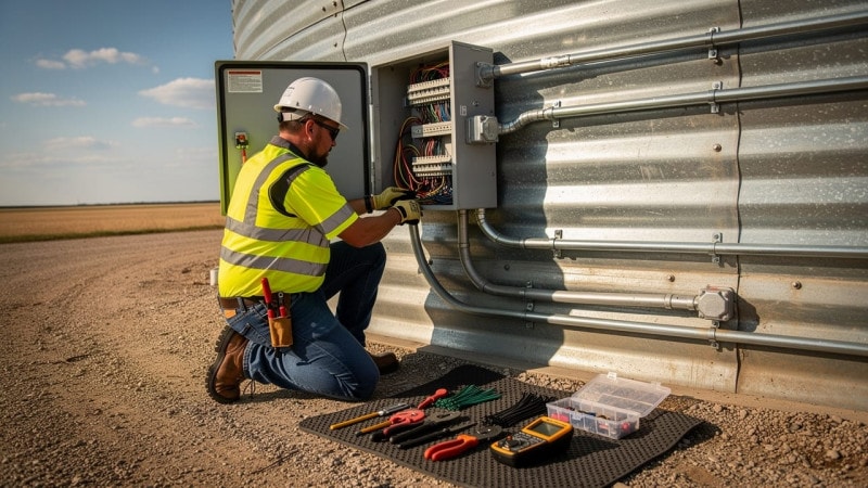 Electrician installing hazardous location wiring on grain bin