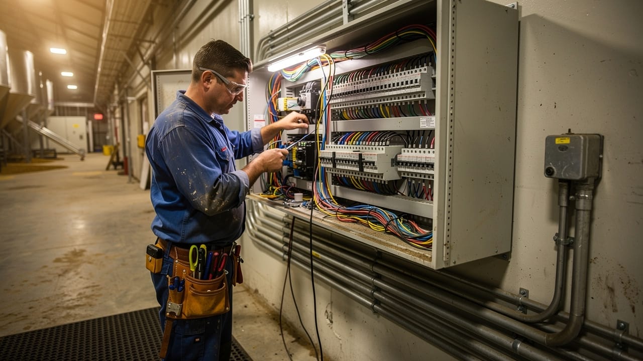 Electrician wiring agricultural grain monitoring control panel
