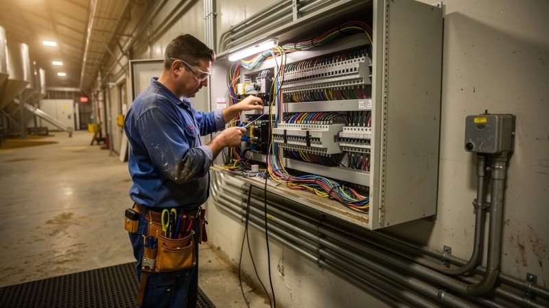 Electrician wiring agricultural grain monitoring control panel