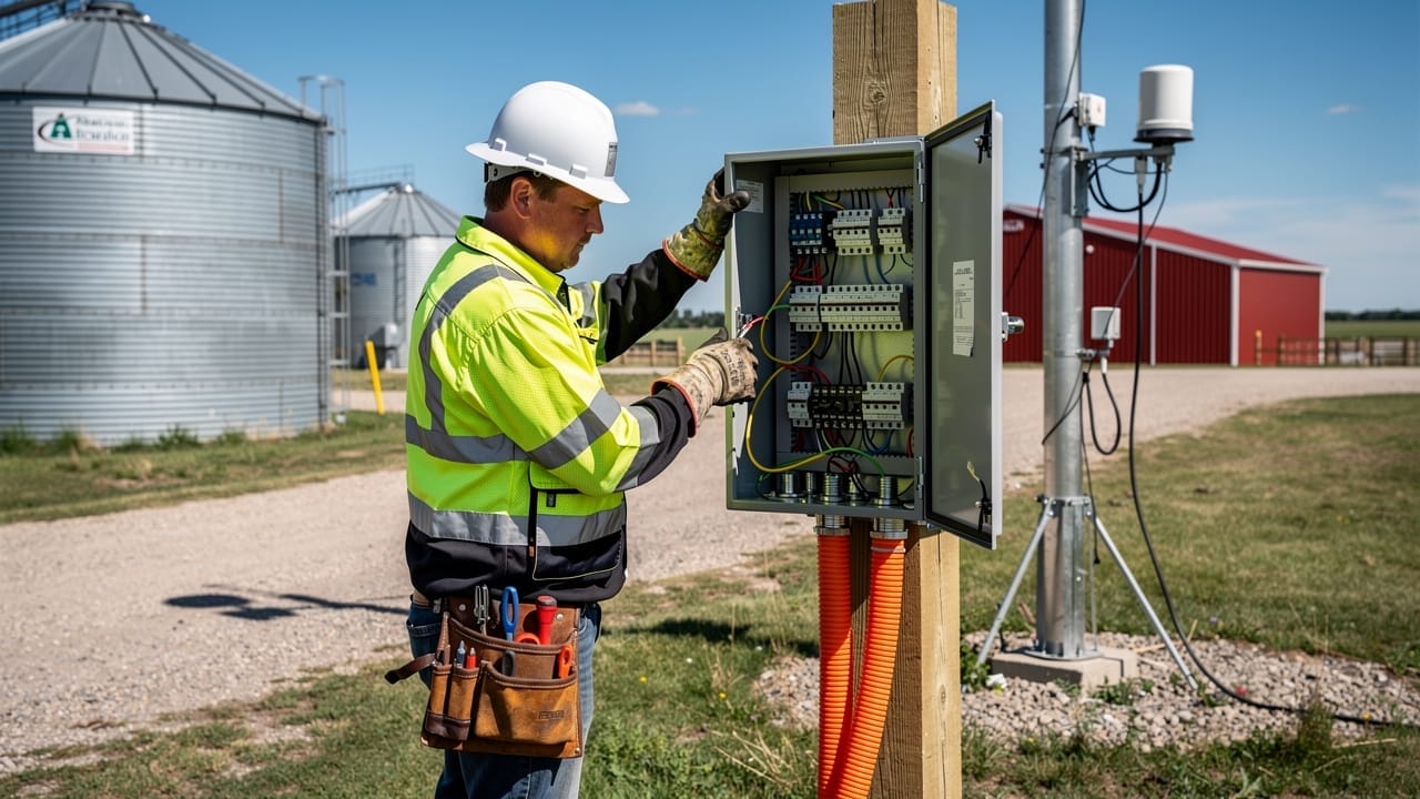 Electrician installing weatherproof enclosure for farm weather station