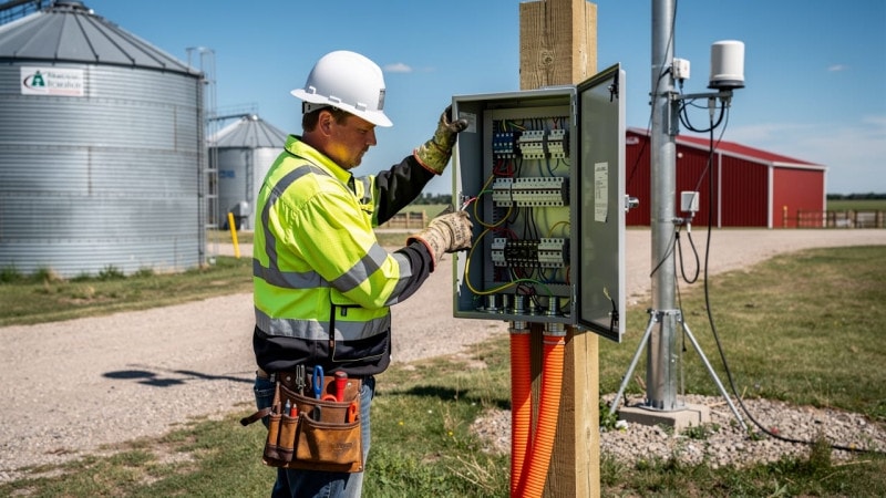 Electrician installing weatherproof enclosure for farm weather station