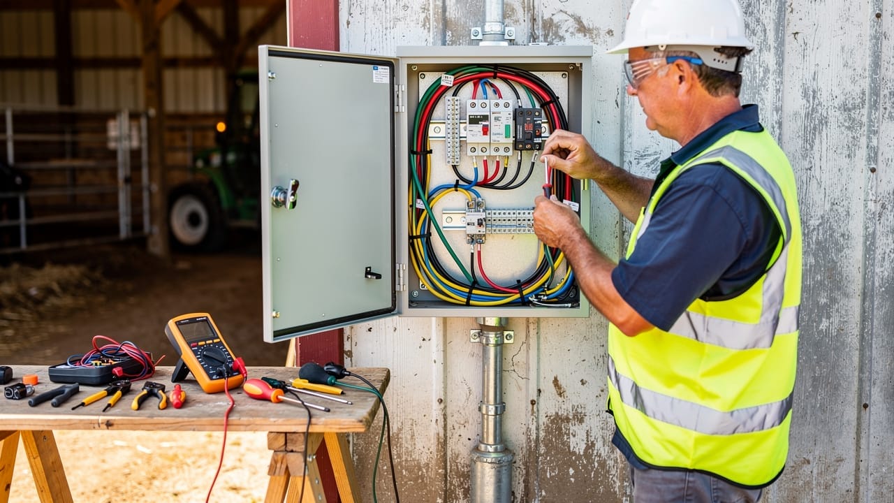 Electrician wiring surge protection enclosure for farm weather station