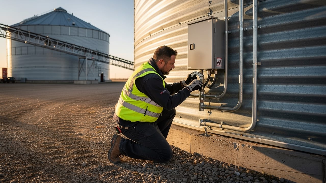 Electrician installing weatherproof conduit on Alberta grain bin