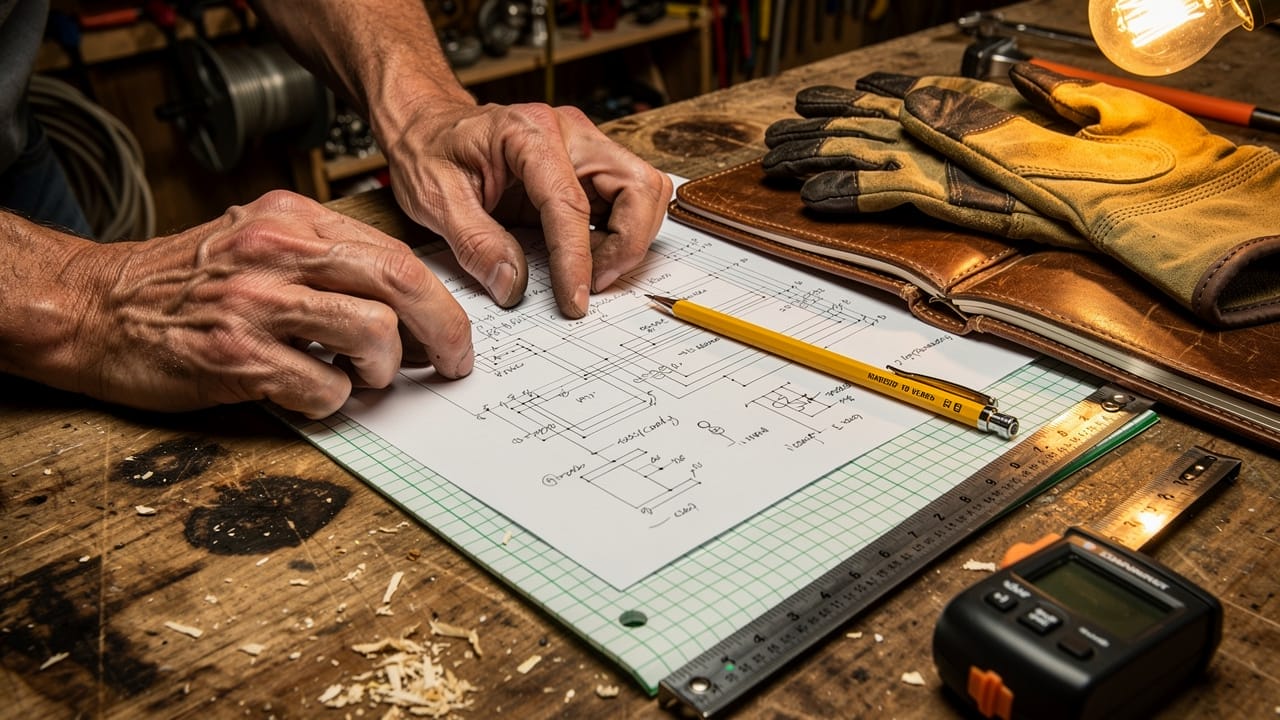 Electrician reviewing farm electrical load calculation plans